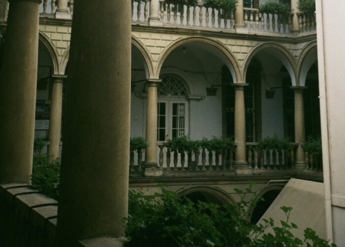 Arch and building with column