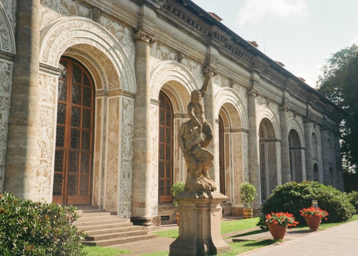 Arch and building with columns